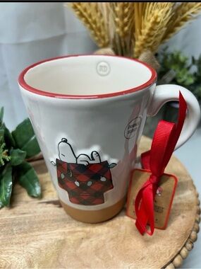 Rae Dunn Snoopy White and Red Ceramic Plaid Mug - Home Kitchen
